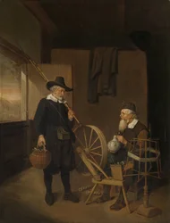 Interior with Angler and Man Behind a Spinning Wheel and Yarn Reel